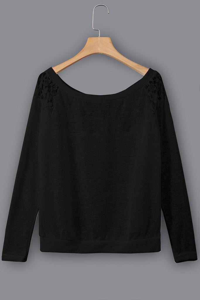 Round Neck Lace Hollow Long Sleeve Black Top