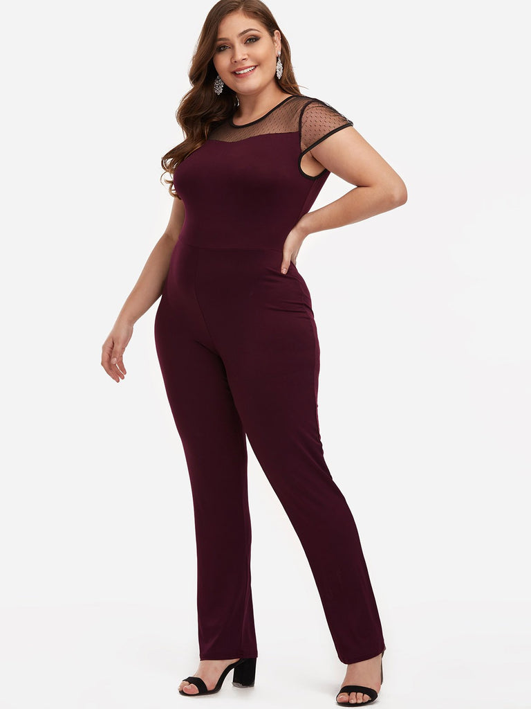 Round Neck Plain Short Sleeve Burgundy Plus Size Bottoms