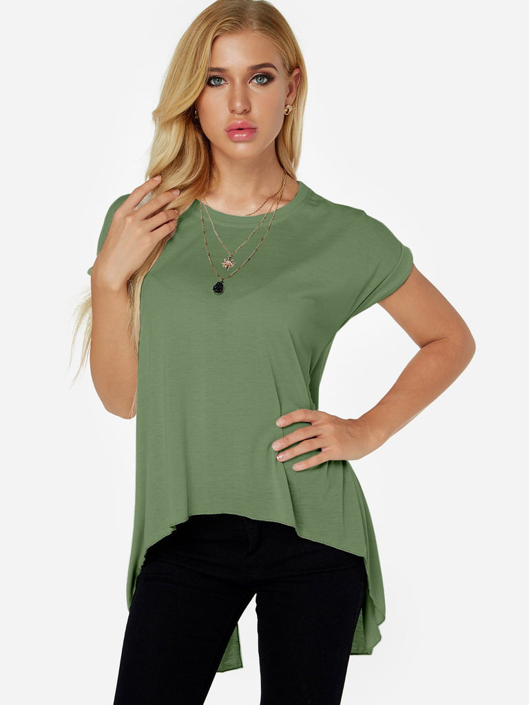 Crew Neck Plain Slit Short Sleeve Irregular Hem Green T-Shirts