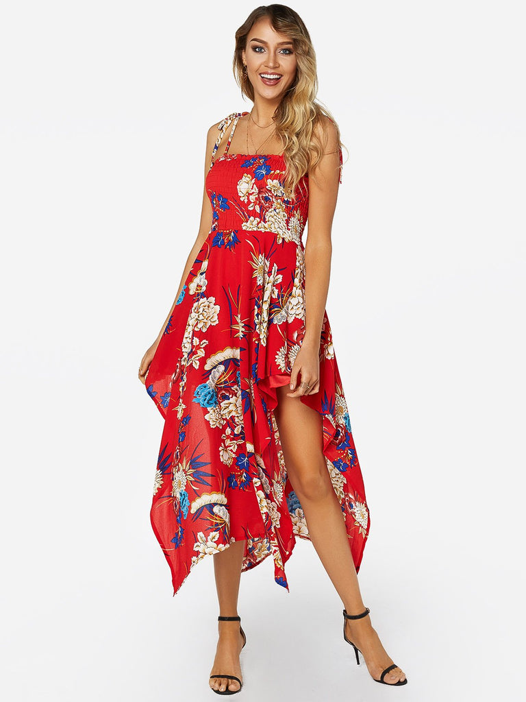 Red Tube Top Sleeveless Floral Print Backless Irregular Hem Dresses