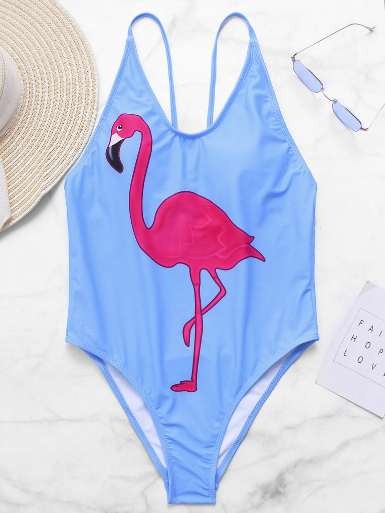 Blue V-Neck Printed Bodycon One-Pieces Swimsuits