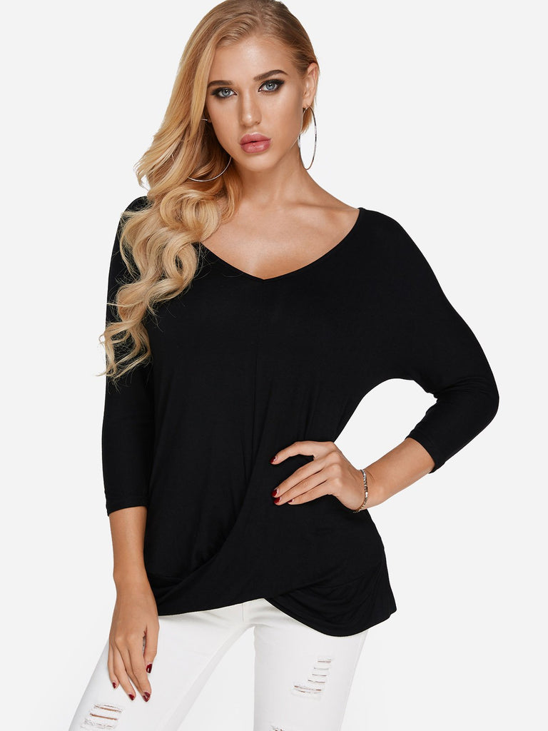 V-Neck Plain Pleated 3/4 Sleeve Black T-Shirts