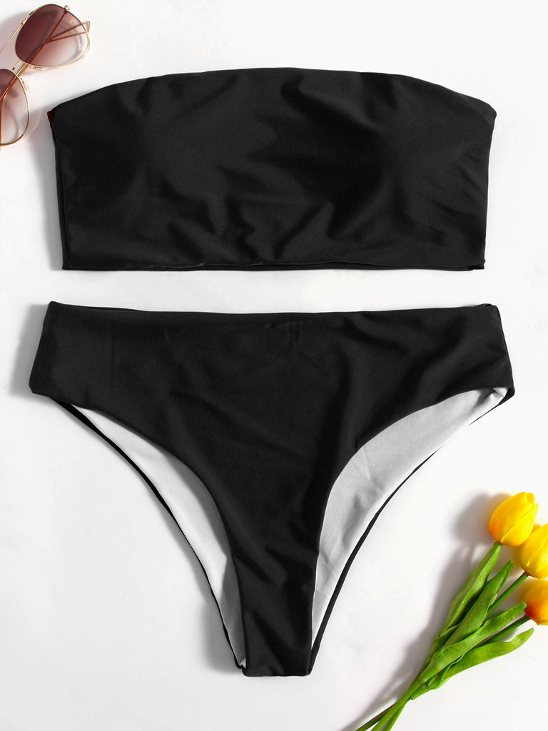 Black Off The Shoulder Sleeveless Plain Stitching Hem 2 Piece Bikinis
