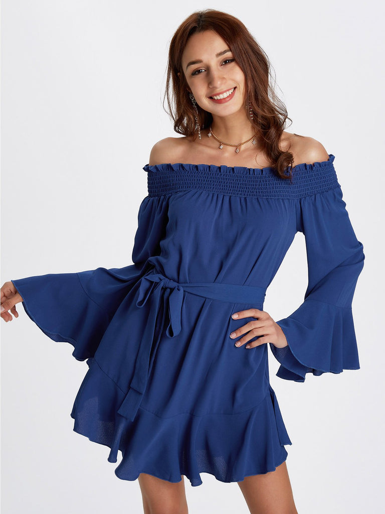 Blue Off The Shoulder Long Sleeve Plain Backless Ruffle Hem Mini Dress