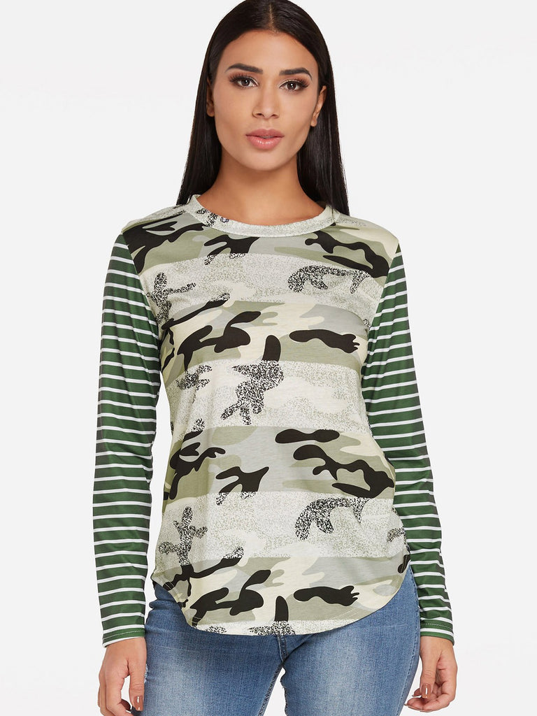Crew Neck Stripe Camouflage Long Sleeve Green T-Shirts