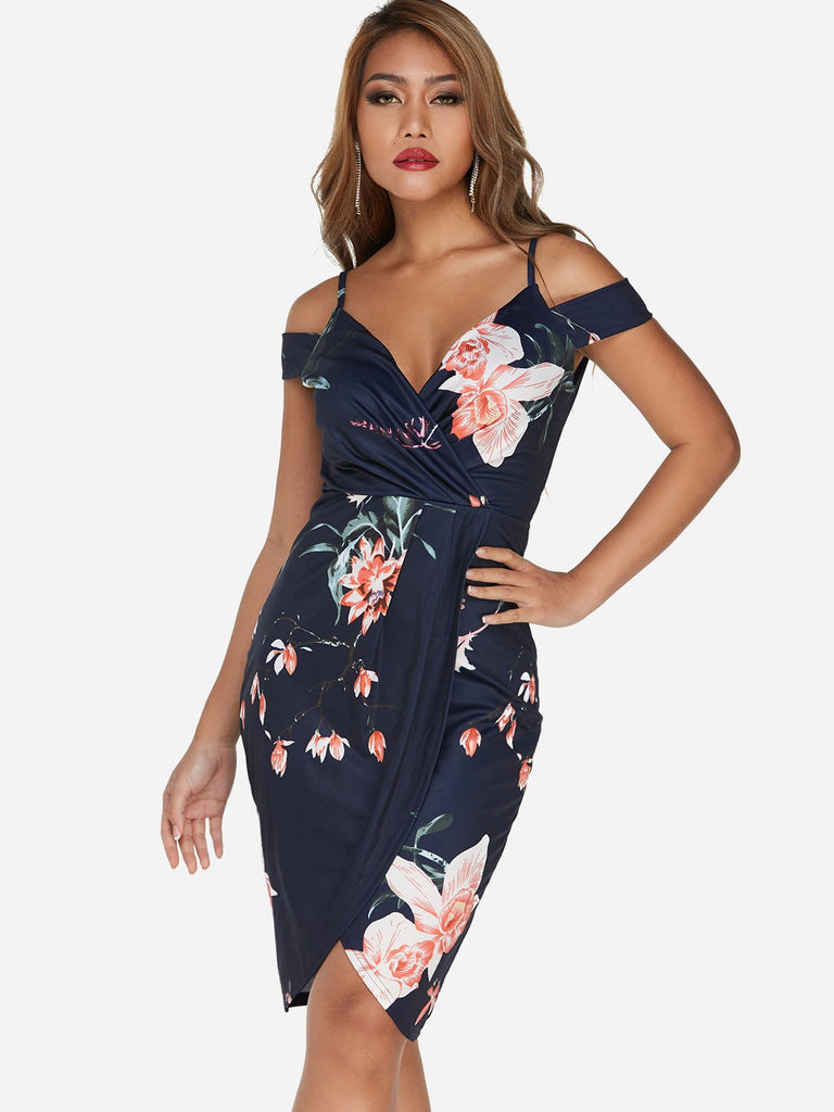 Navy Cold Shoulder Deep V Neck Sleeveless Floral Print Crossed Front Slit Hem Dresses