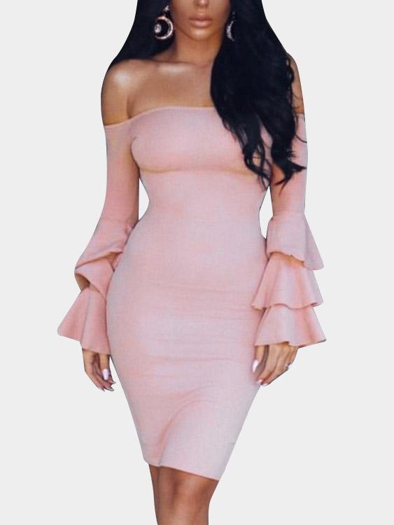 Pink Off The Shoulder Long Sleeve Plain Mini Dress