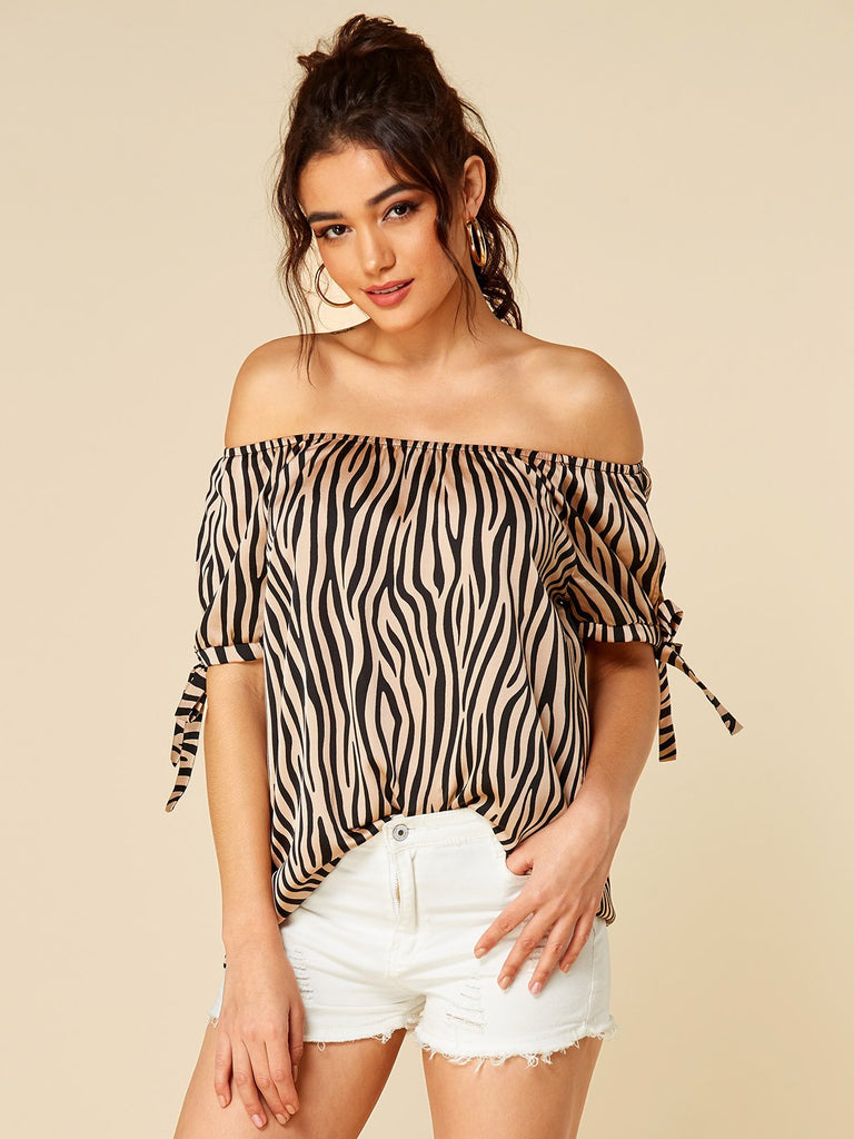 Off The Shoulder Zebra Slit Short Sleeve Khaki Top