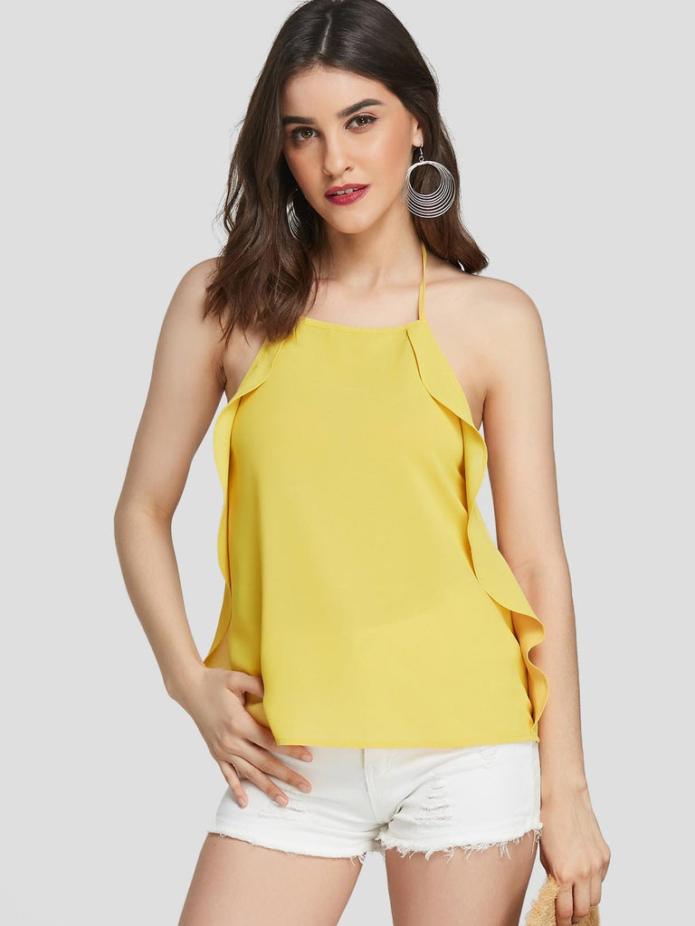 Halter Plain Tassel Backless Double Layer Sleeveless Yellow Camis