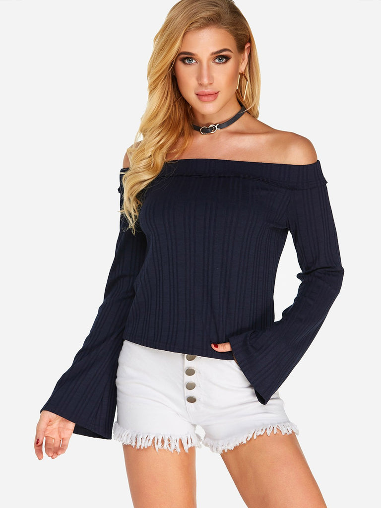 Off The Shoulder Plain Long Sleeve Navy T-Shirts