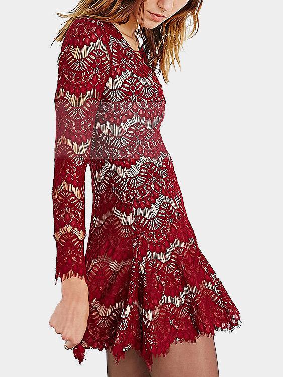 Lace Long Sleeve Red Mini Dress