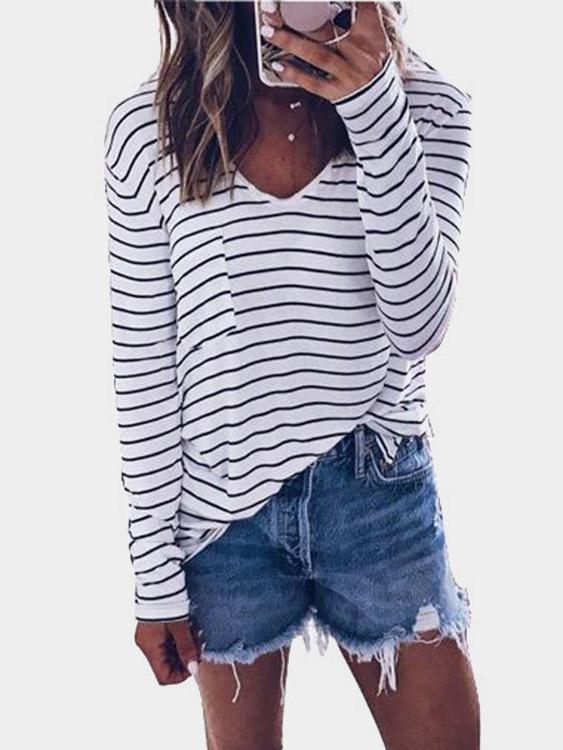 V-Neck Stripe Front Pocket Long Sleeve T-Shirts