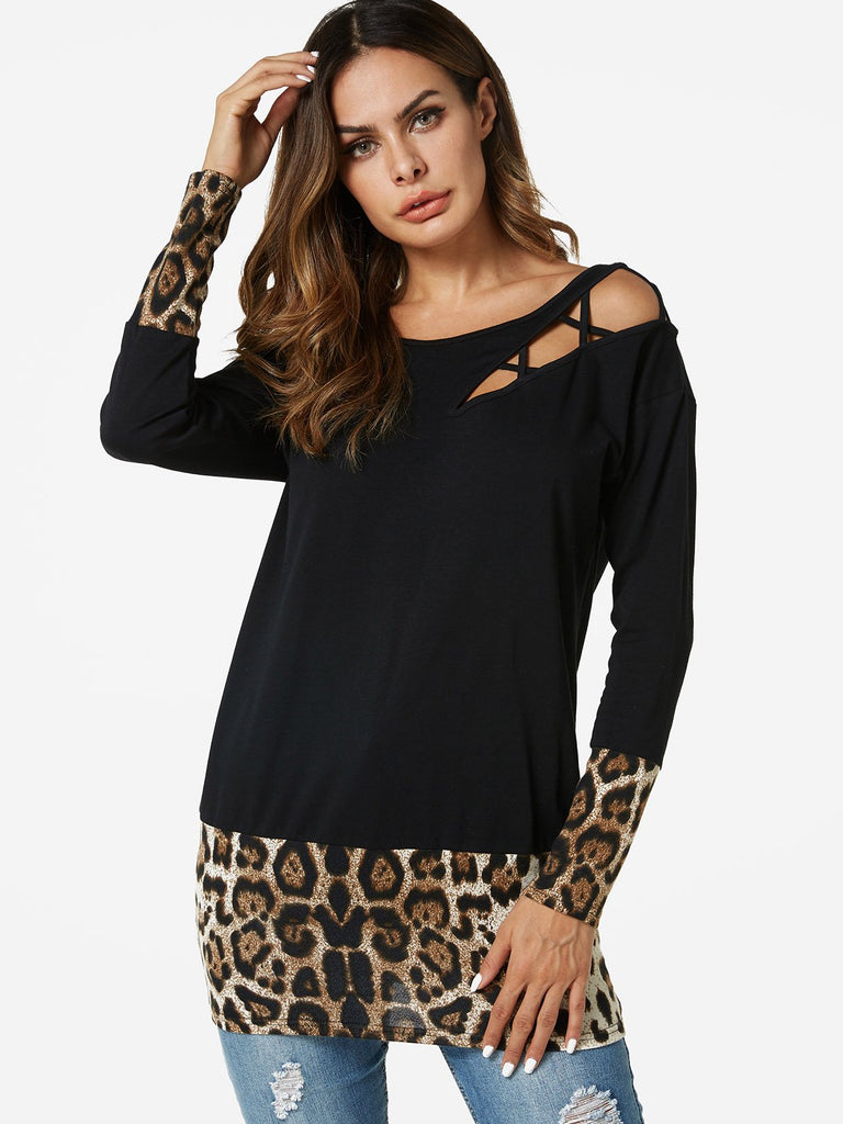 Round Neck Leopard Lace-Up Cut Out Long Sleeve Black T-Shirts