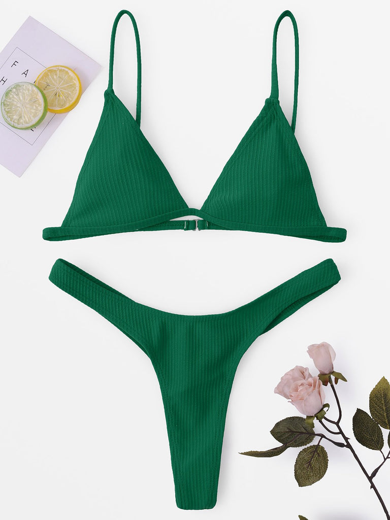 V-Neck Sleeveless Plain Backless Two Piece Bikinis