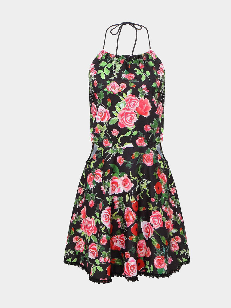 Floral Print Halter Dresses With Cut Out Detail