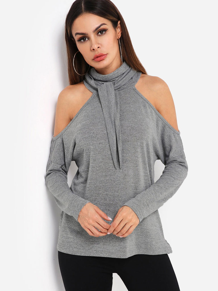 Plain Long Sleeve Cold Shoulder Grey Top