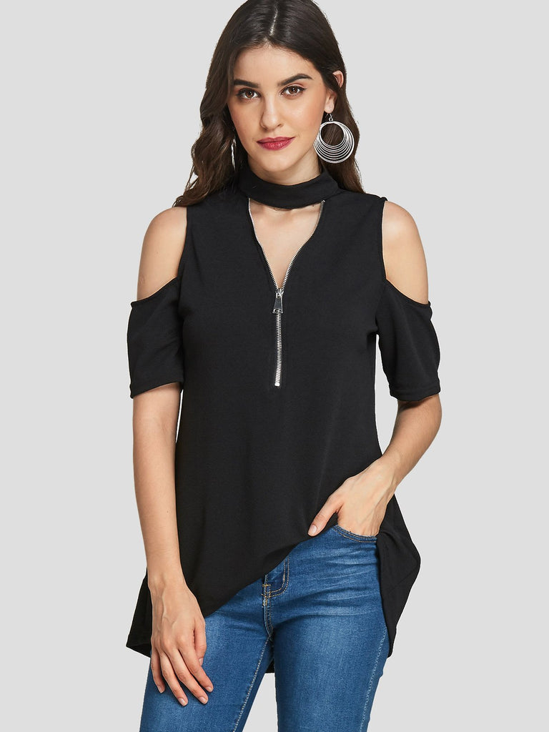 Halter Cold Shoulder Plain Zip Back Half Sleeve High-Low Hem T-Shirts