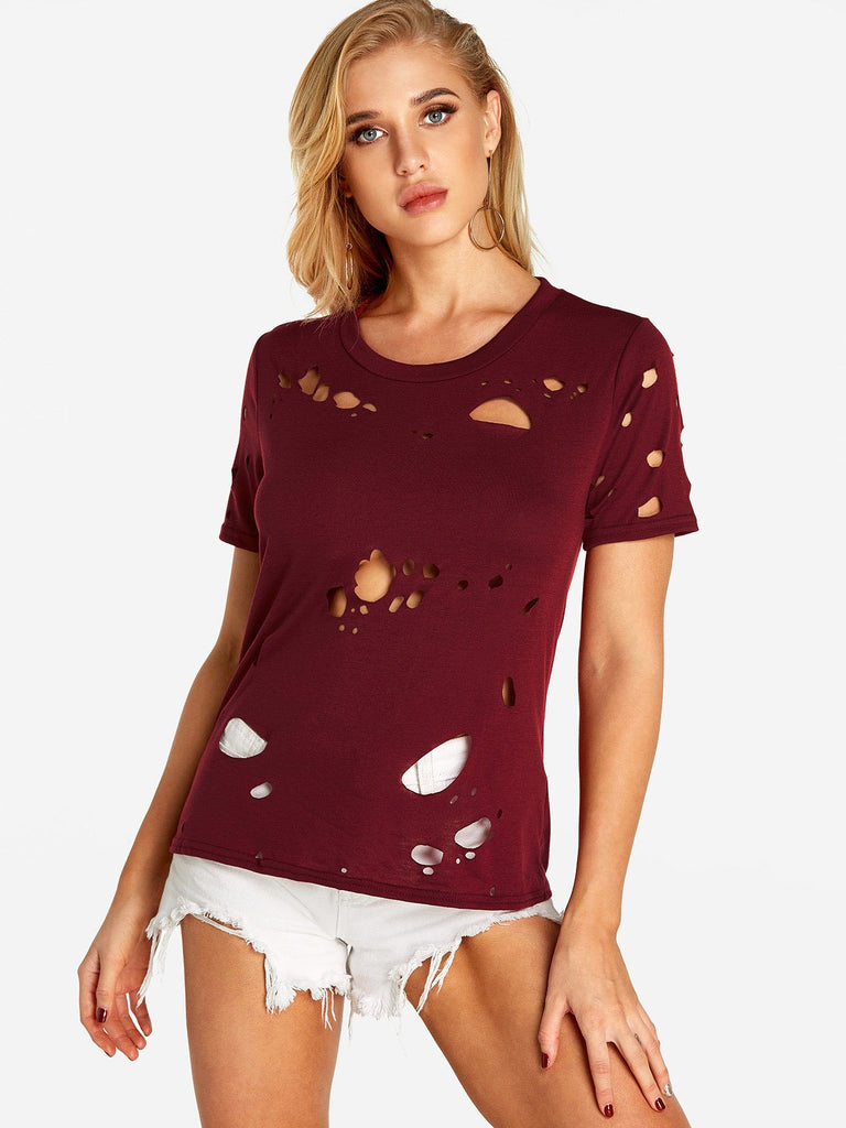 Crew Neck Plain Random Ripped Cut Out Short Sleeve Red T-Shirts