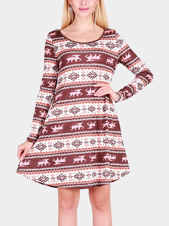 Round Neck Geometrical Fashion Long Sleeve Casual Dresses