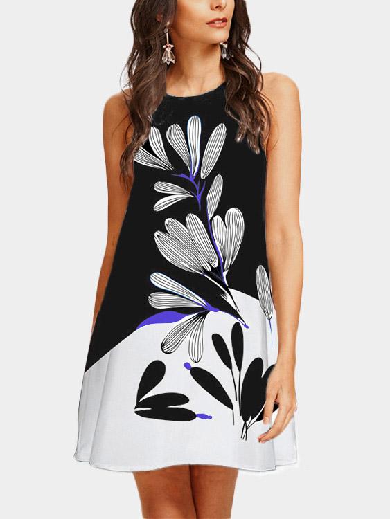 Floral Print Crew Neck Sleeveless Black Dresses