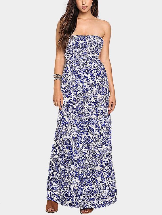 Strapless Sleeveless Printed Slit Hem Maxi Dresses