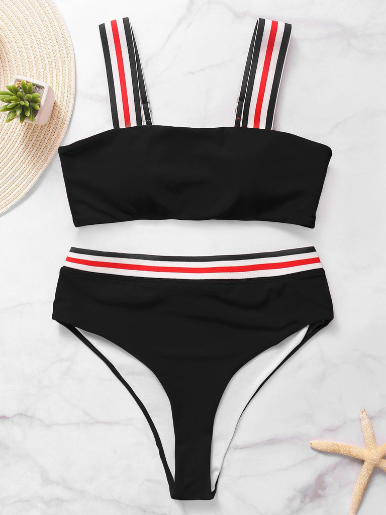Tube Top Sleeveless Stripe High Waist 2 Piece Bikinis
