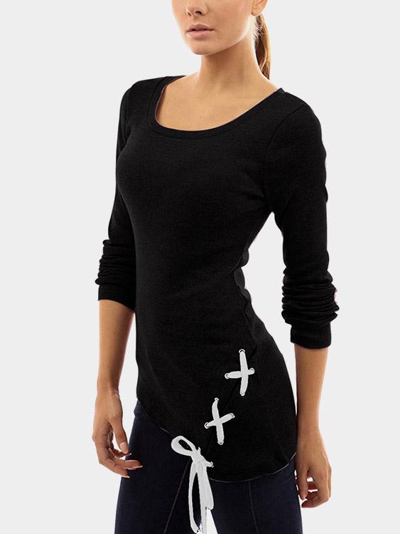 Round Neck Pullover Lace-Up Long Sleeve Black T-Shirts