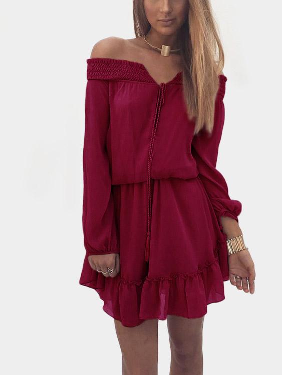 Off The Shoulder Long Sleeve Lace-Up Mini Dresses