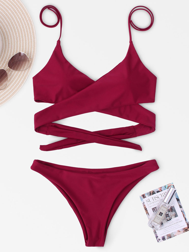V-Neck Crossed Front Backless Lace-Up Partially Lined Tie-Up Sleeveless Bodycon Hem Burgundy Bikini Set