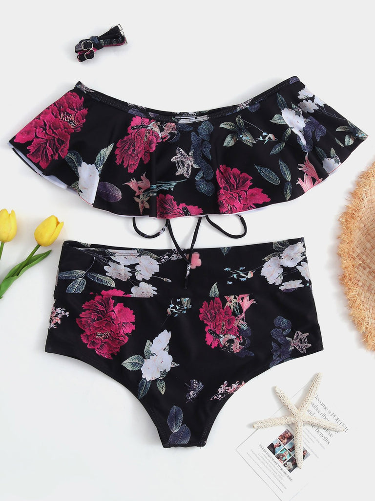 Floral Print Spaghetti Strap Self-Tie Criss-Cross High-Waisted Bikini