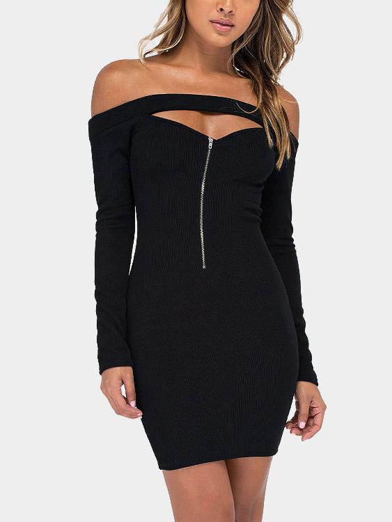 Black Off The Shoulder Long Sleeve Plain Sexy Dresses