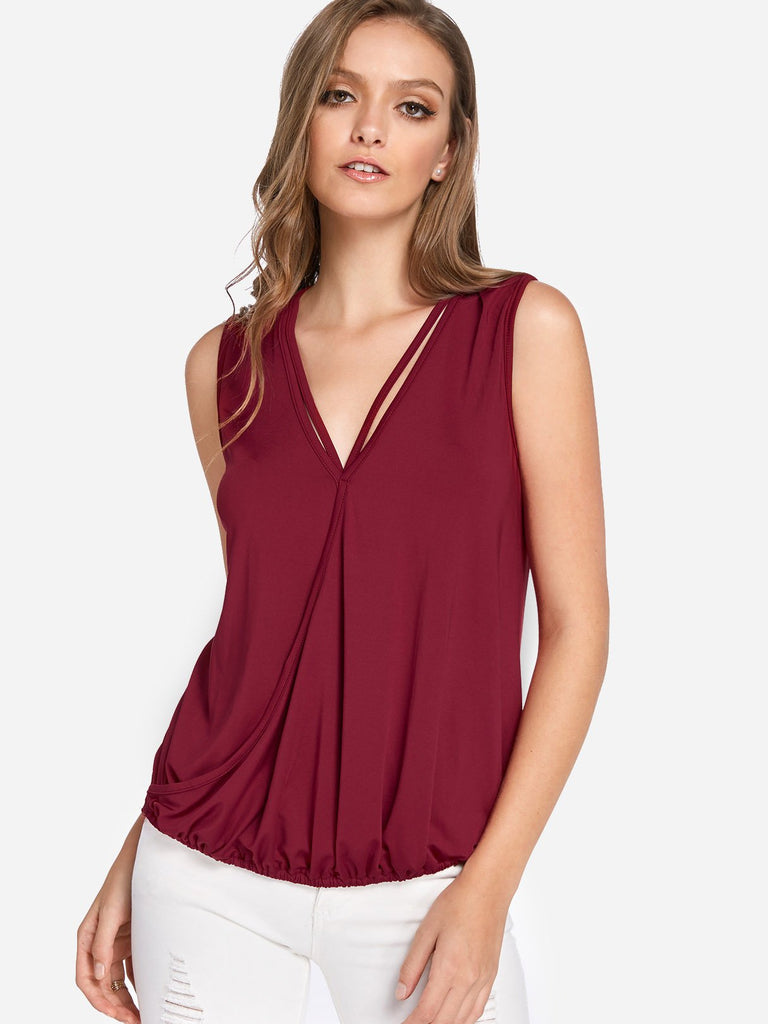 V-Neck Plain Crossed Front Spaghetti Strap Sleeveless Burgundy Tank Top