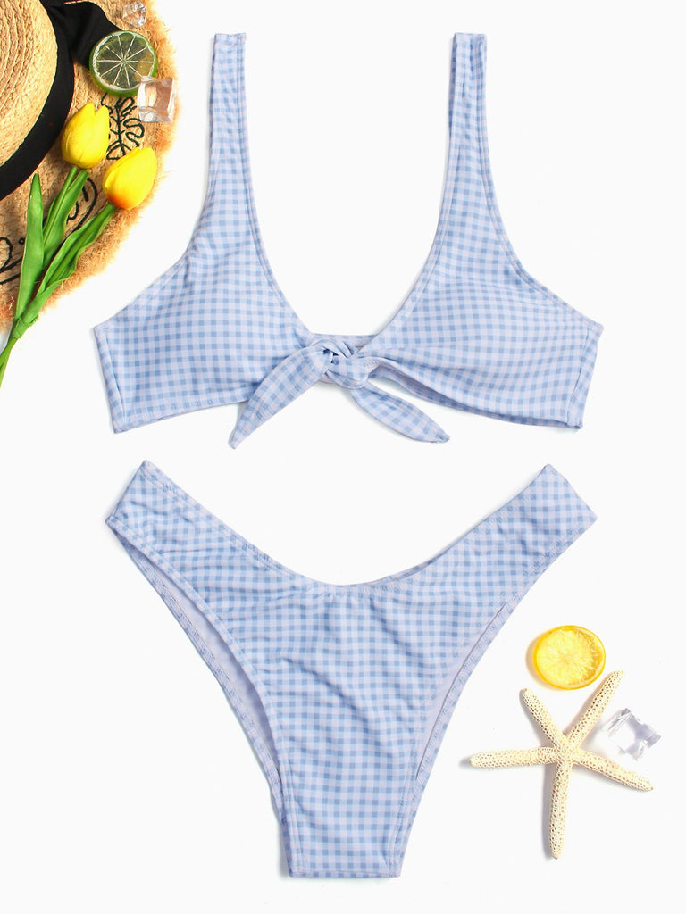 Scoop Neck Sleeveless Grid Tie-Up Two Piece Bikinis