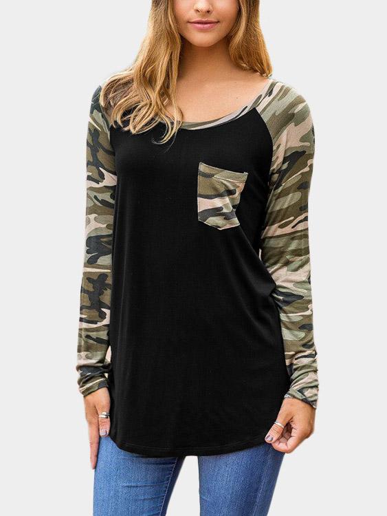 Round Neck Camouflage Long Sleeve Black T-Shirt