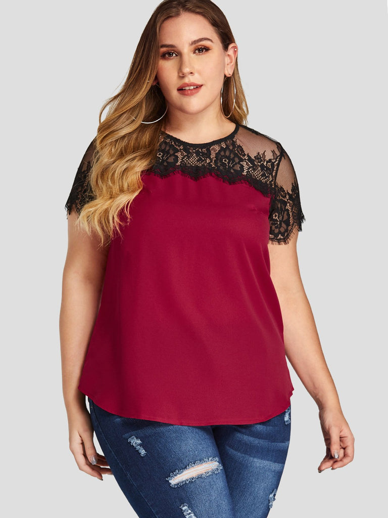 Round Neck Lace Short Sleeve Red Plus Size Tops