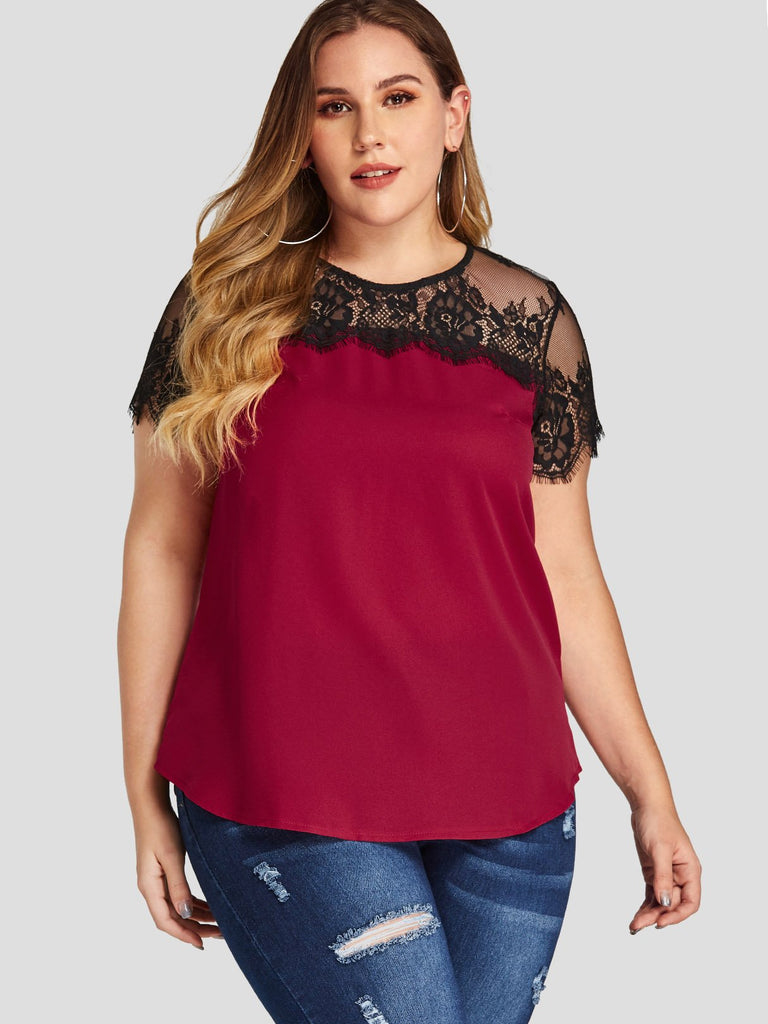 Round Neck Lace Short Sleeve Red Plus Size Tops