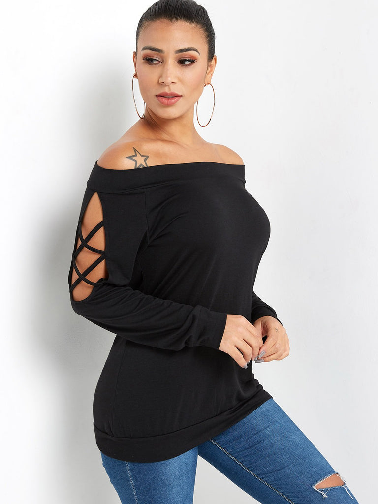 Off The Shoulder Plain Hollow Lace-Up Long Sleeve Black T-Shirts