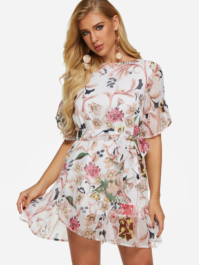 White Round Neck Short Sleeve Floral Print Belt Self-Tie Flounced Hem Mini Dresses