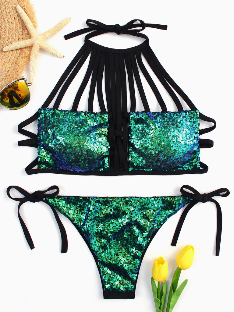 Green Halter Sleeveless Plain Backless Lace-Up Cut Out Sequins Embellished Bikinis