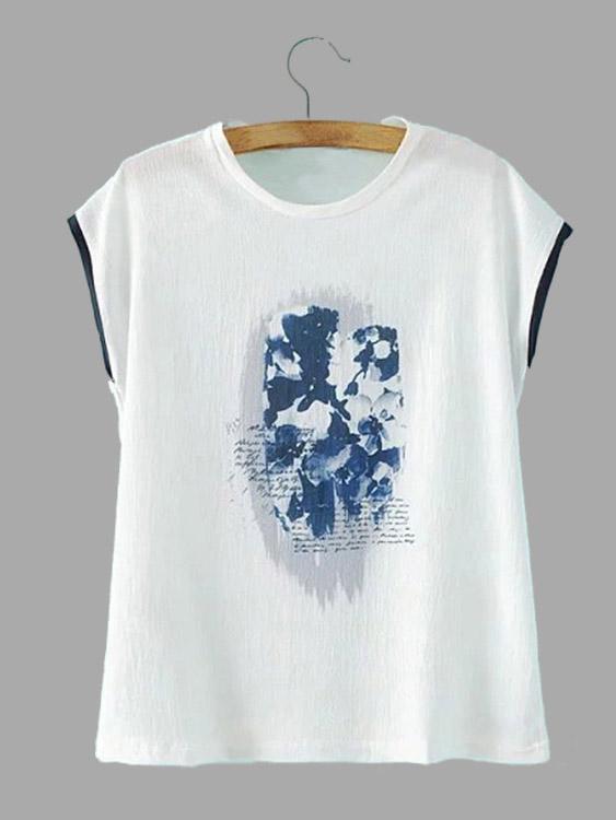 Round Neck Floral Print White T-Shirts