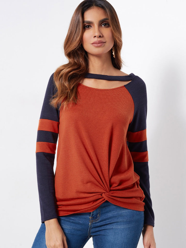 Round Neck Stripe Cut Out Long Sleeve Orange T-Shirts