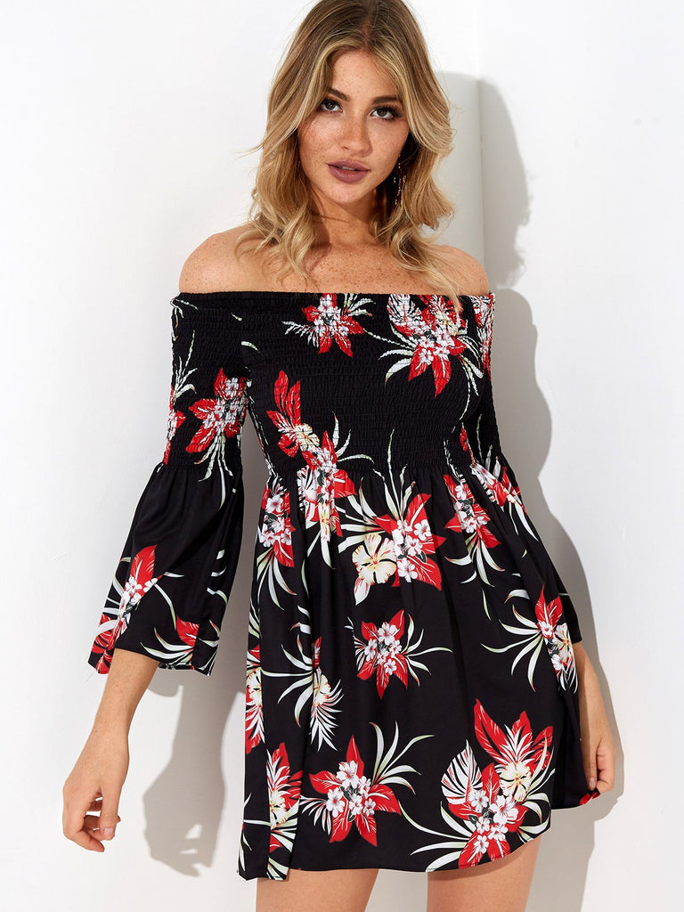 Black Off The Shoulder 3/4 Length Sleeve Floral Print Mini Dress