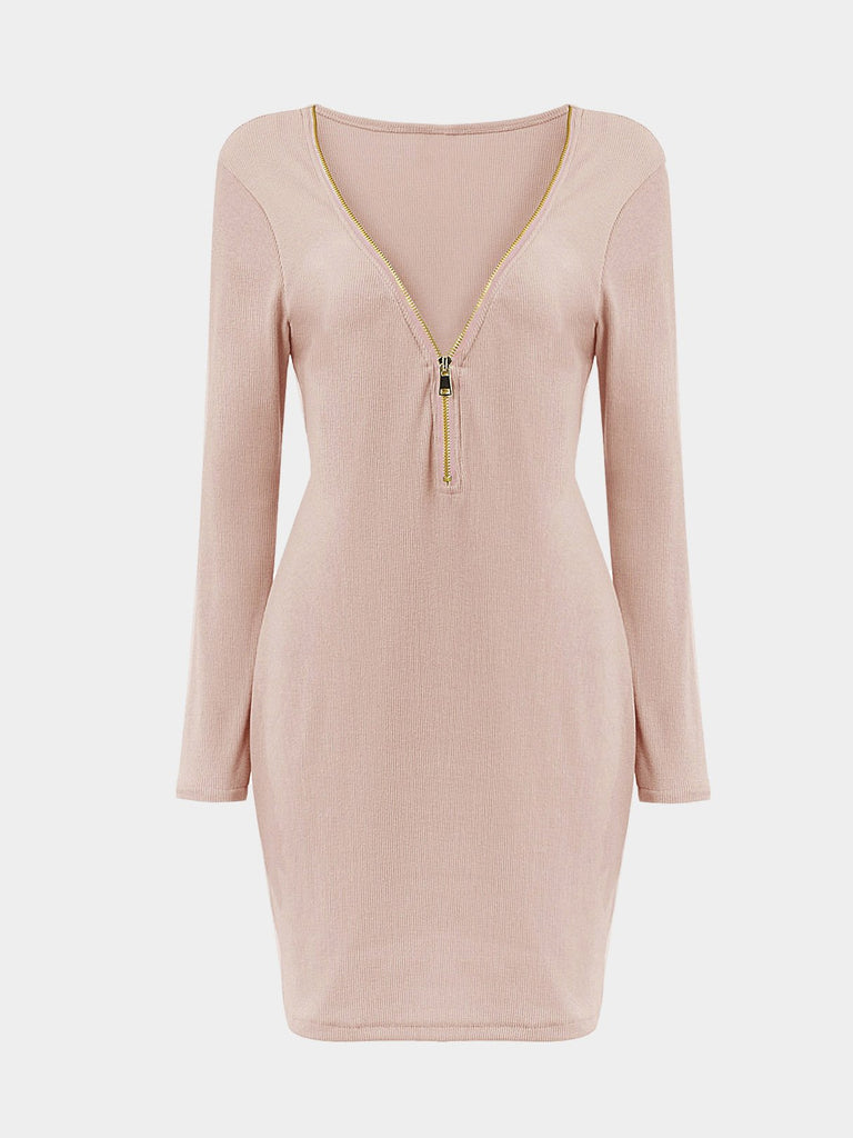 Zipper V-Neck Knit Dresses