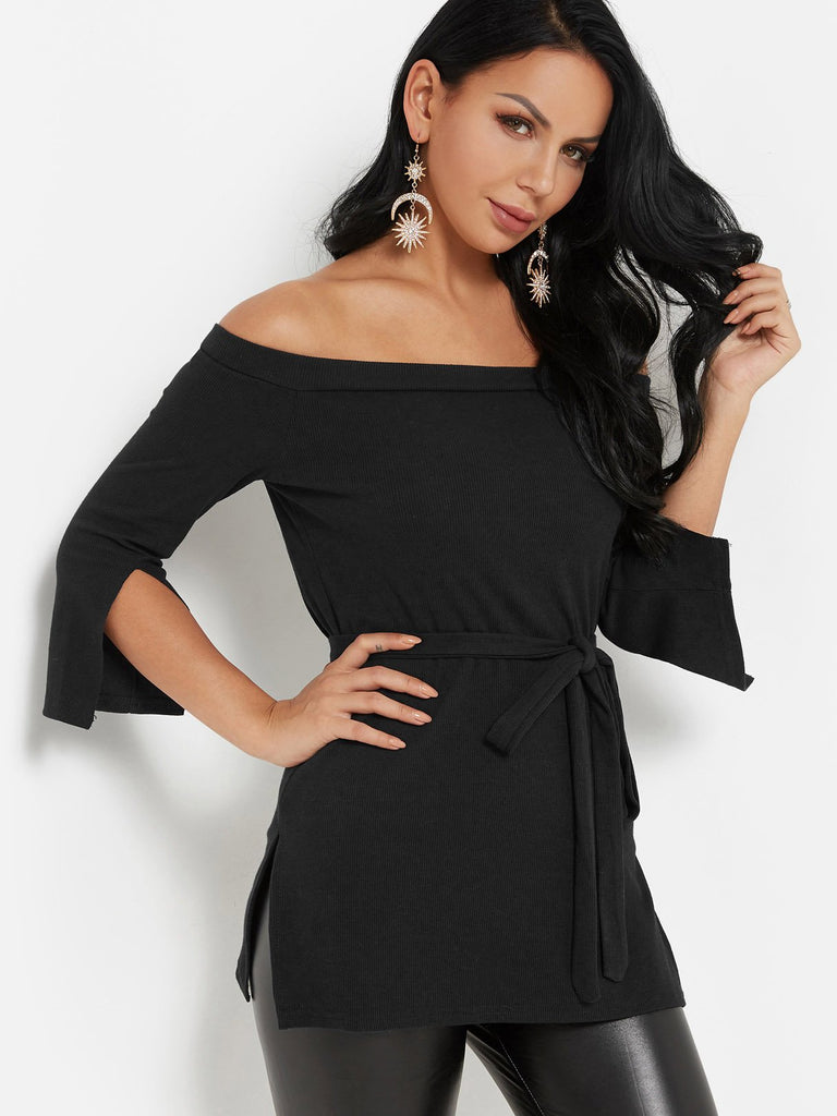 Off The Shoulder Plain Slit Self-Tie Long Sleeve Blouses