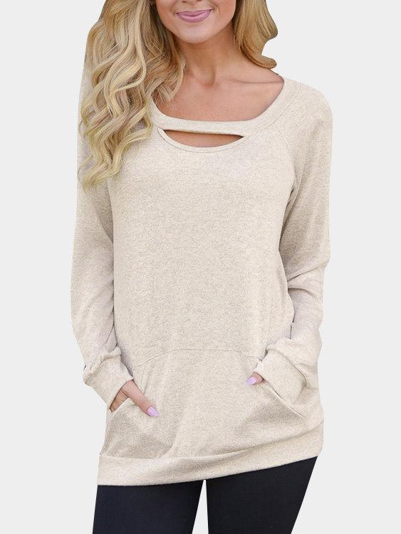 Round Neck Cut Out Long Sleeve Khaki Top