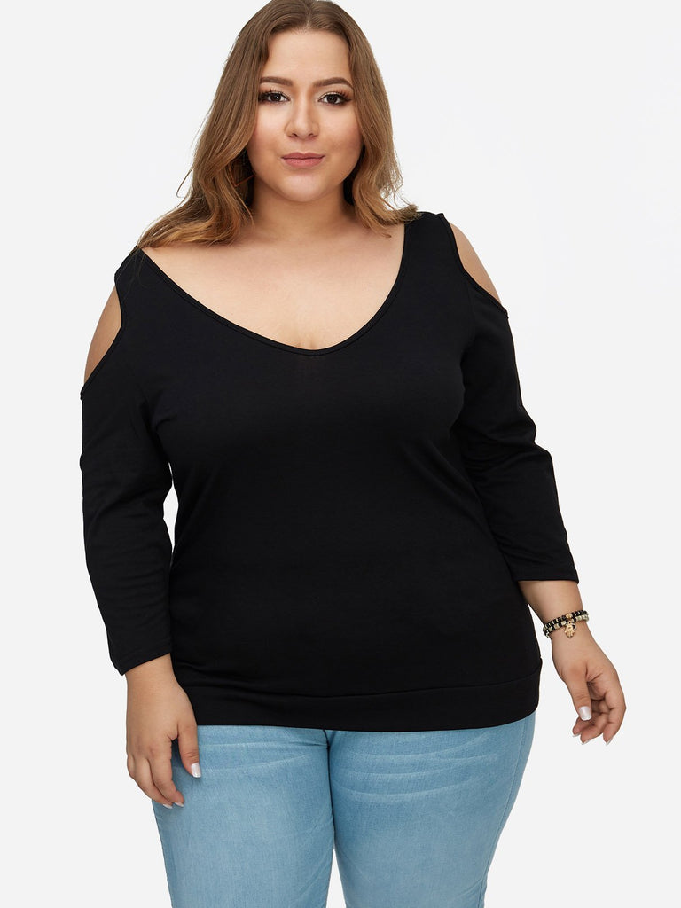 V-Neck Cold Shoulder Plain Criss-Cross Long Sleeve Black Plus Size Tops