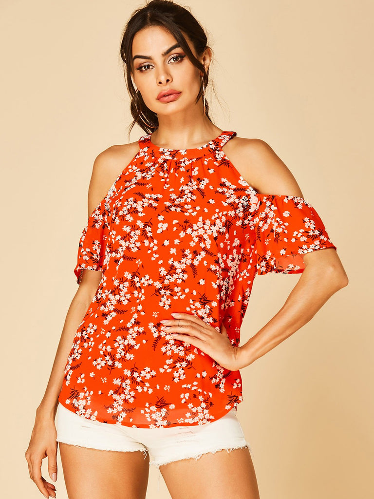 Halter Cold Shoulder Pleated Short Sleeve Orange Blouses