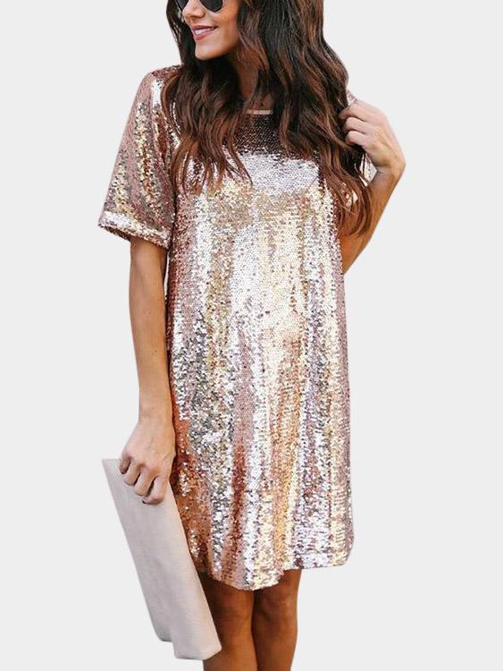 Round Neck Short Sleeve Sequins Embellished Casual Dress