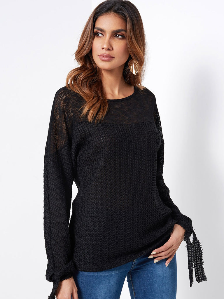 Crew Neck Plain Tie-Up Long Sleeve Black T-Shirts
