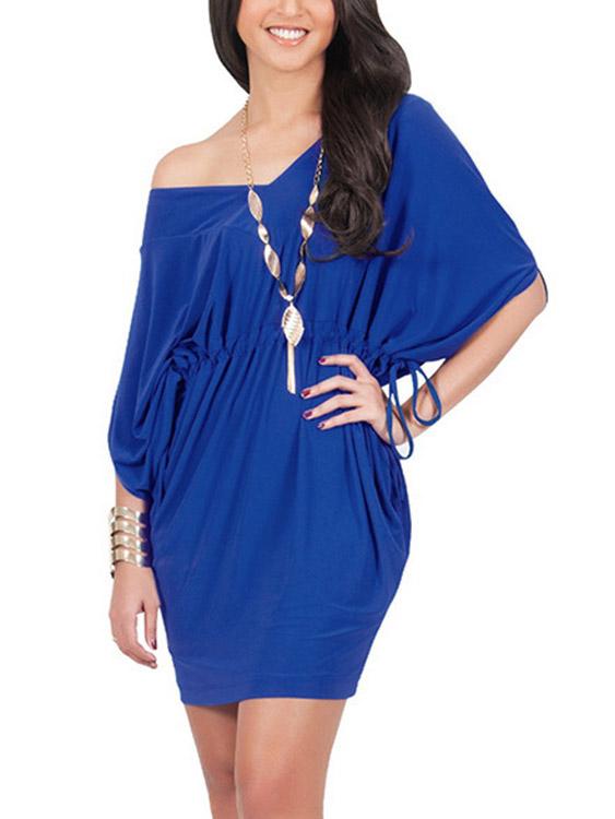 Blue V-Neck One Shoulder Half Sleeve Plain Bodycon Dresses